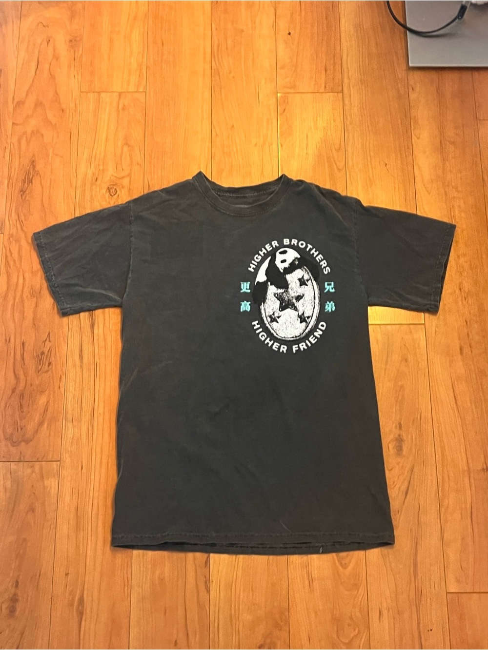 Higher Brothers Black T-Shirt with White and Teal Graphic